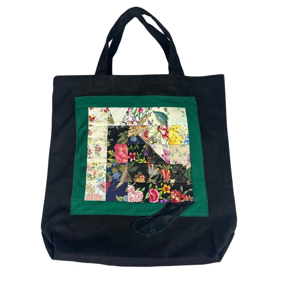 Handmade- Cat Design Patchwork- Black Cotton Shoulder Tore- 14x13"- Some wear